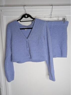 Colsie Lounge Set Womens Large Purple Fuzzy Knit Button V Neck Top Shorts